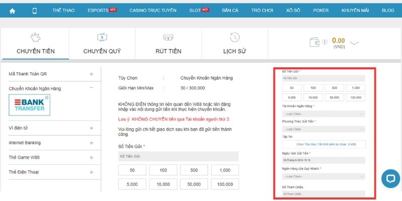 Thao tác chuyển khoản bằng ngân hàng vào ví game 